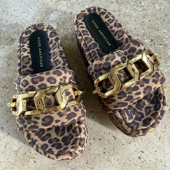 NWOB Good American Zoey Chain Platform Slides Leopard Size 4 - Picture 4 of 6
